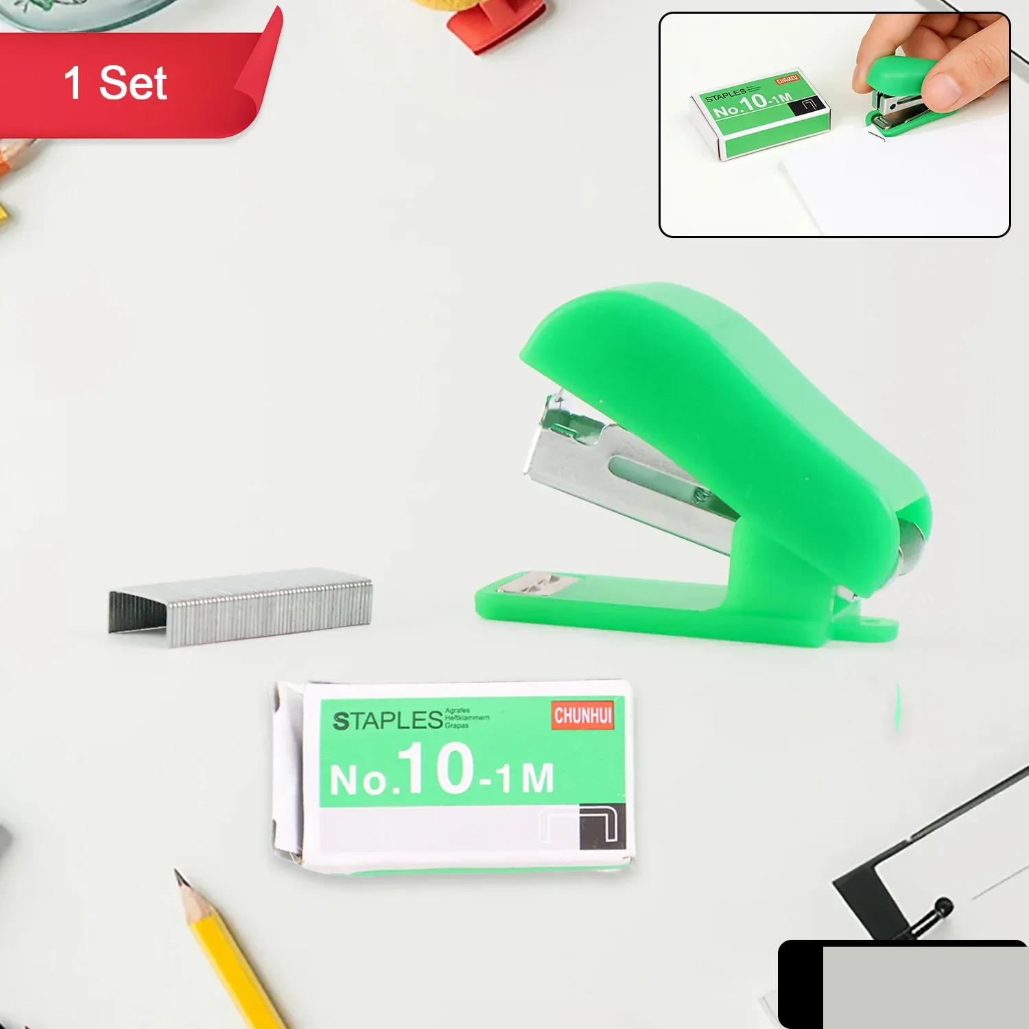 Mini Stapler with 1 Strip of Staples (1 Set) - Detailed Feature View 1
