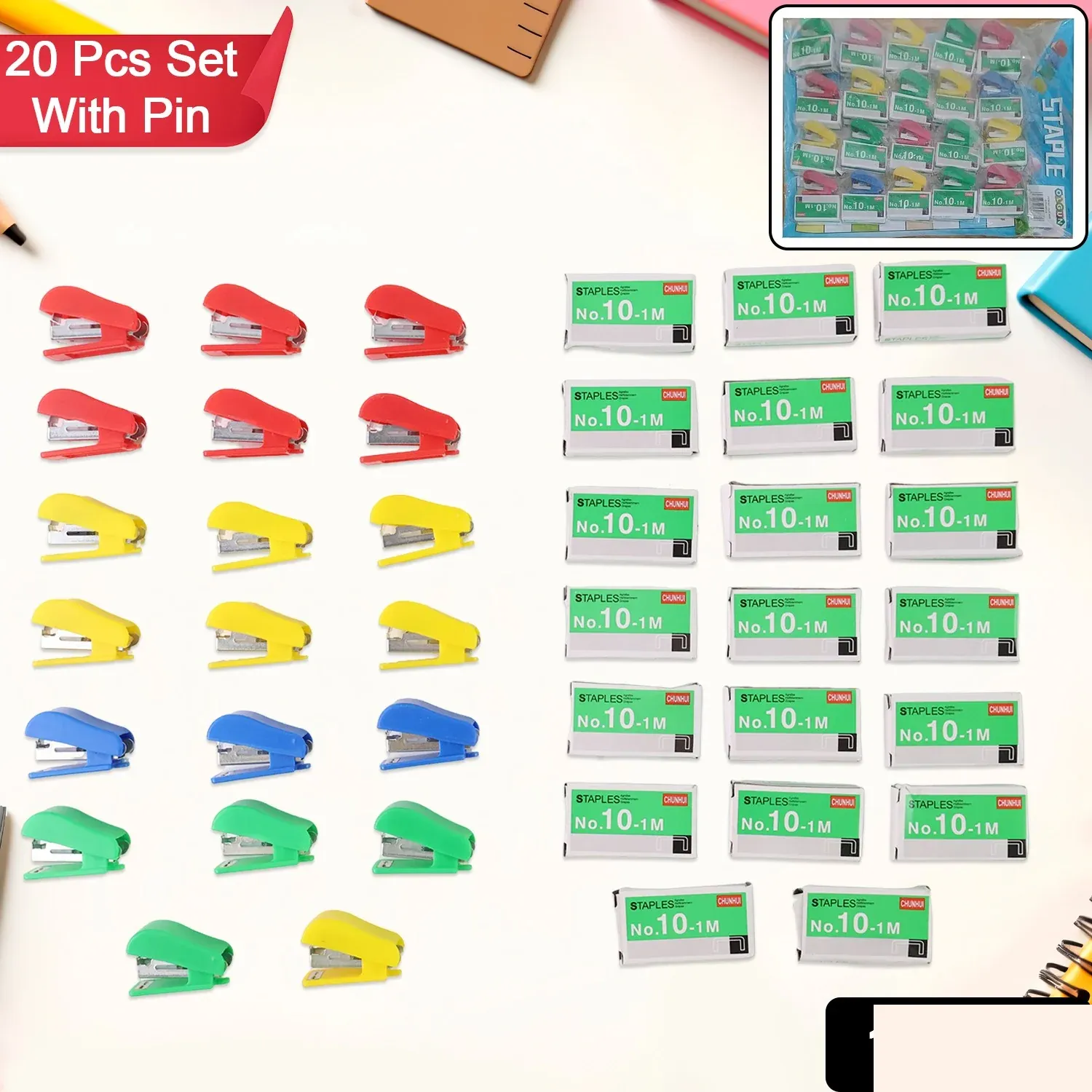 Mini Stapler Set Staples – Assorted Colors | No.10 Staplers with Pins (20 pcs Set) - Detailed Feature View 1