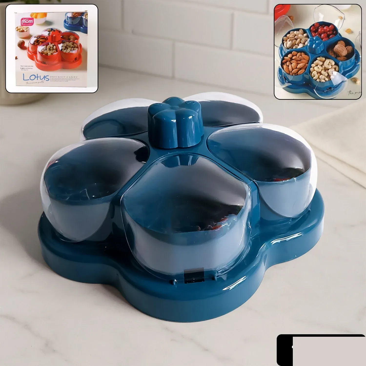 Lotus Shape Rotating Dry Fruit Snack Organizer – Multi-Compartment - Detailed Feature View 1