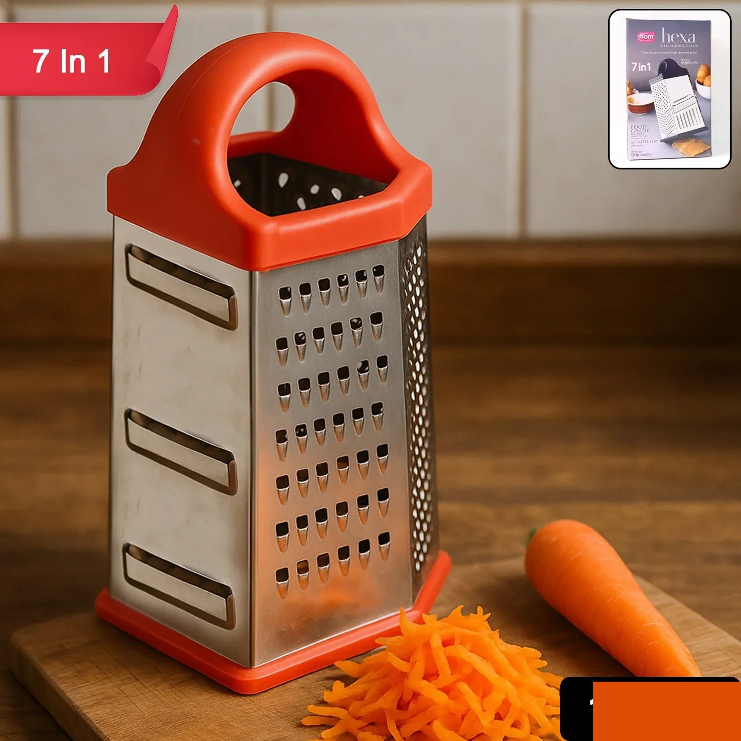 Supermom 7-in-1 Stainless Steel Box Grater with Ergonomic Handle - Detailed Feature View 1