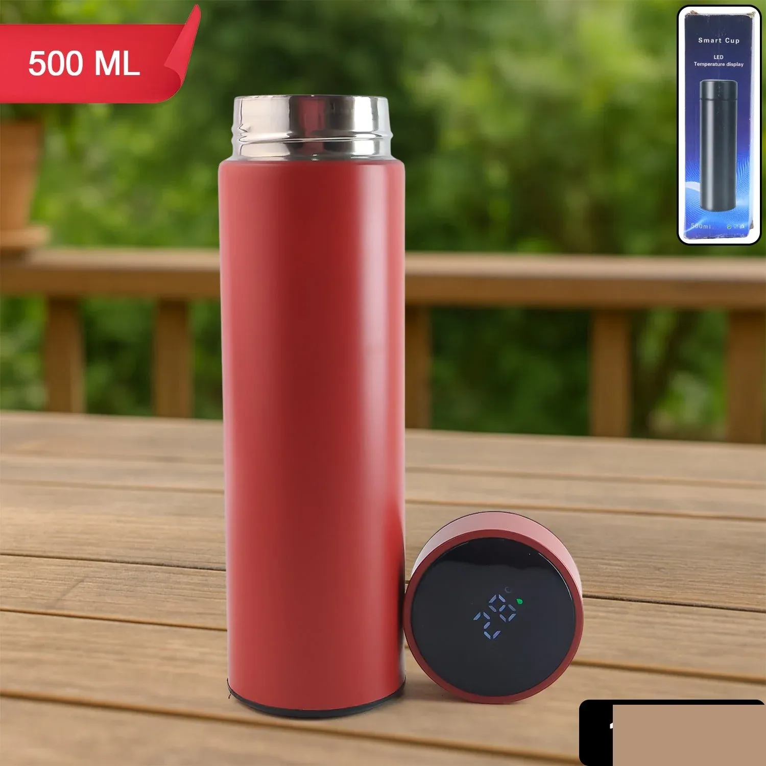 Red Smart Vacuum Insulated Water Bottle with LED Display - 500ML - Detailed Feature View 1