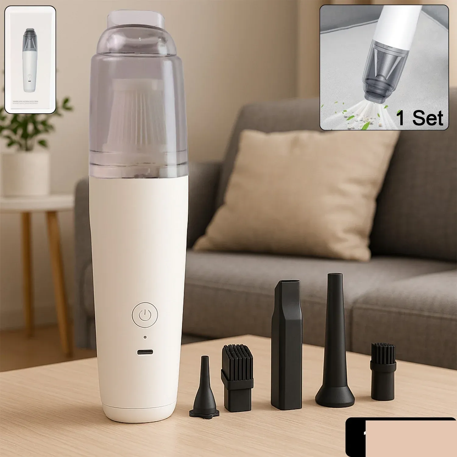 Cordless Rechargeable Mini Handheld Vacuum Cleaner Set with 5 Nozzles - Detailed Feature View 1