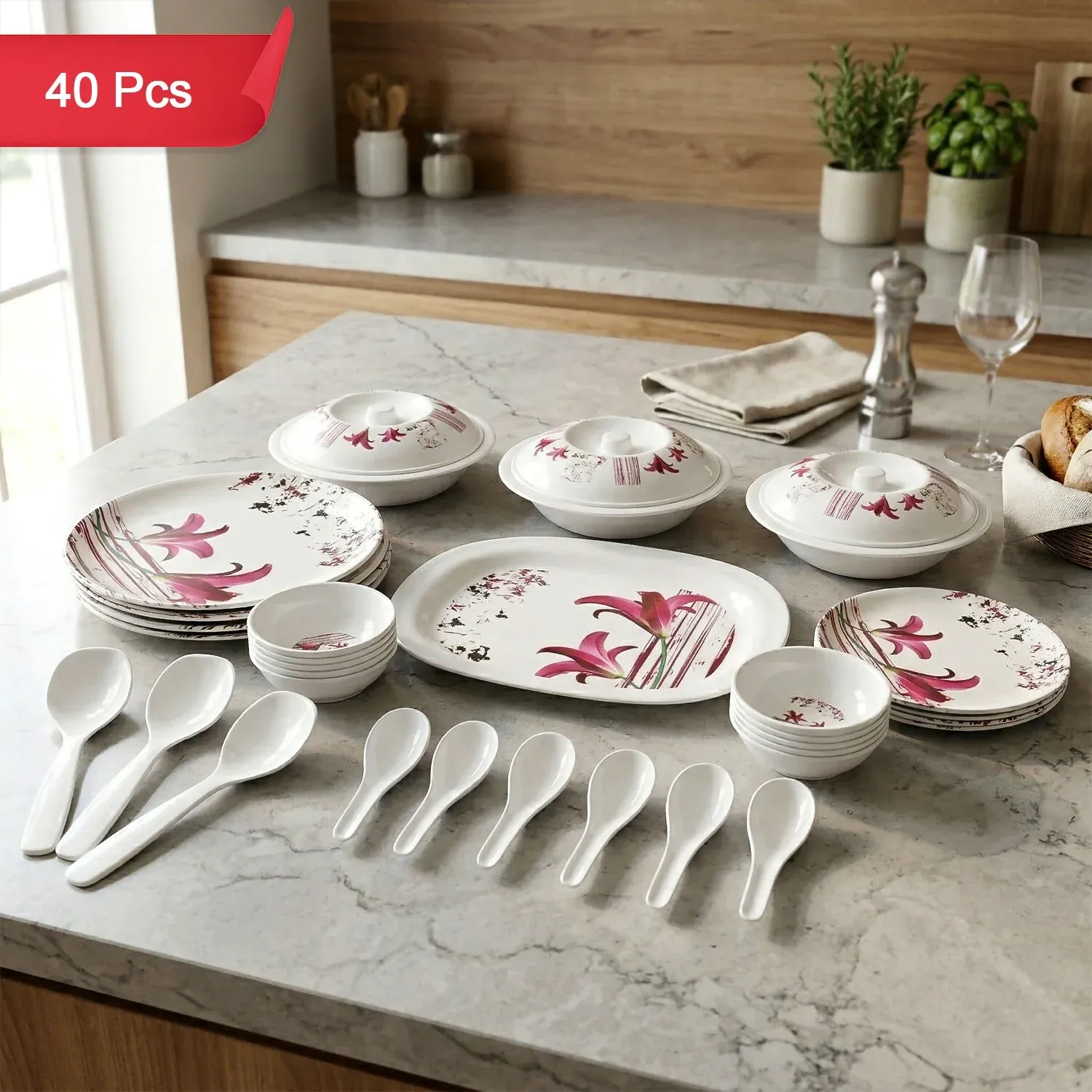 Kalmiya Neelkanth Gold 40-Piece Melamine Dinner Set for 6 Persons - Detailed Feature View 1