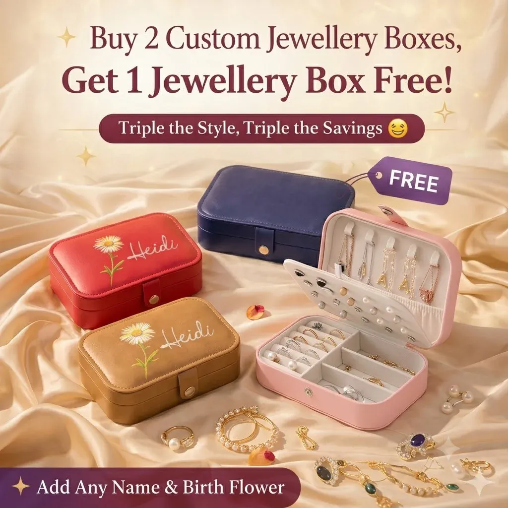 Premium Personalized Large Jewellery Box with Name & Birth Month Flower – Custom Travel Jewelry Organizer Case (Random Color) | Buy 2 Customized Boxes & Get 1 Large Jewellery Box (non-customized) Free - Buy Online at Alikart