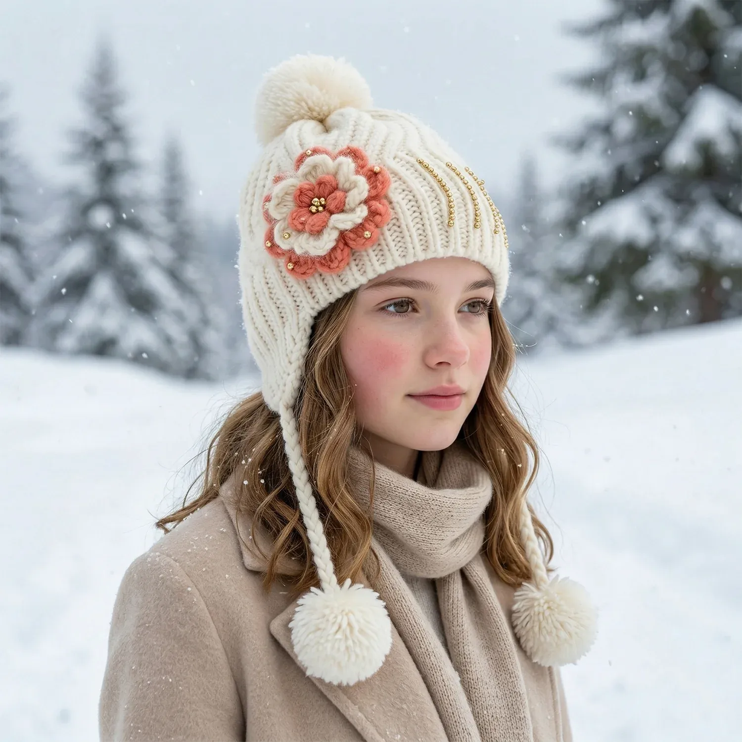 Cute Kids Winter Woolen Ear Flap Cap with Pom Pom (1 Pc, Mix Design) - Detailed Feature View 4