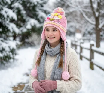 Cute Kids Winter Woolen Ear Flap Cap with Pom Pom (1 Pc, Mix Design)