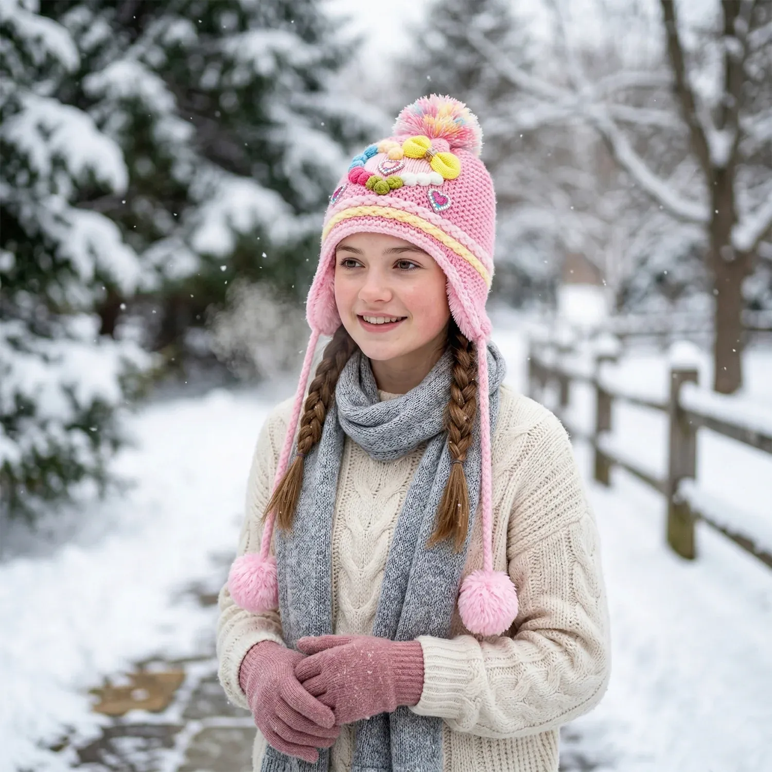 Premium Cute Kids Winter Woolen Ear Flap Cap with Pom Pom (1 Pc, Mix Design) - Buy Online at Alikart