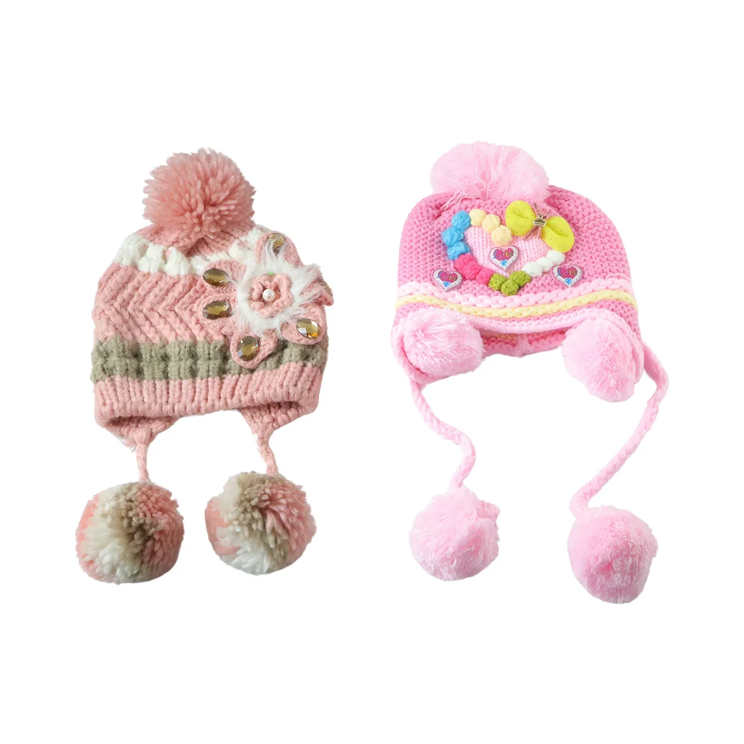 Cute Kids Winter Woolen Ear Flap Cap with Pom Pom (1 Pc, Mix Design) - Detailed Feature View 3