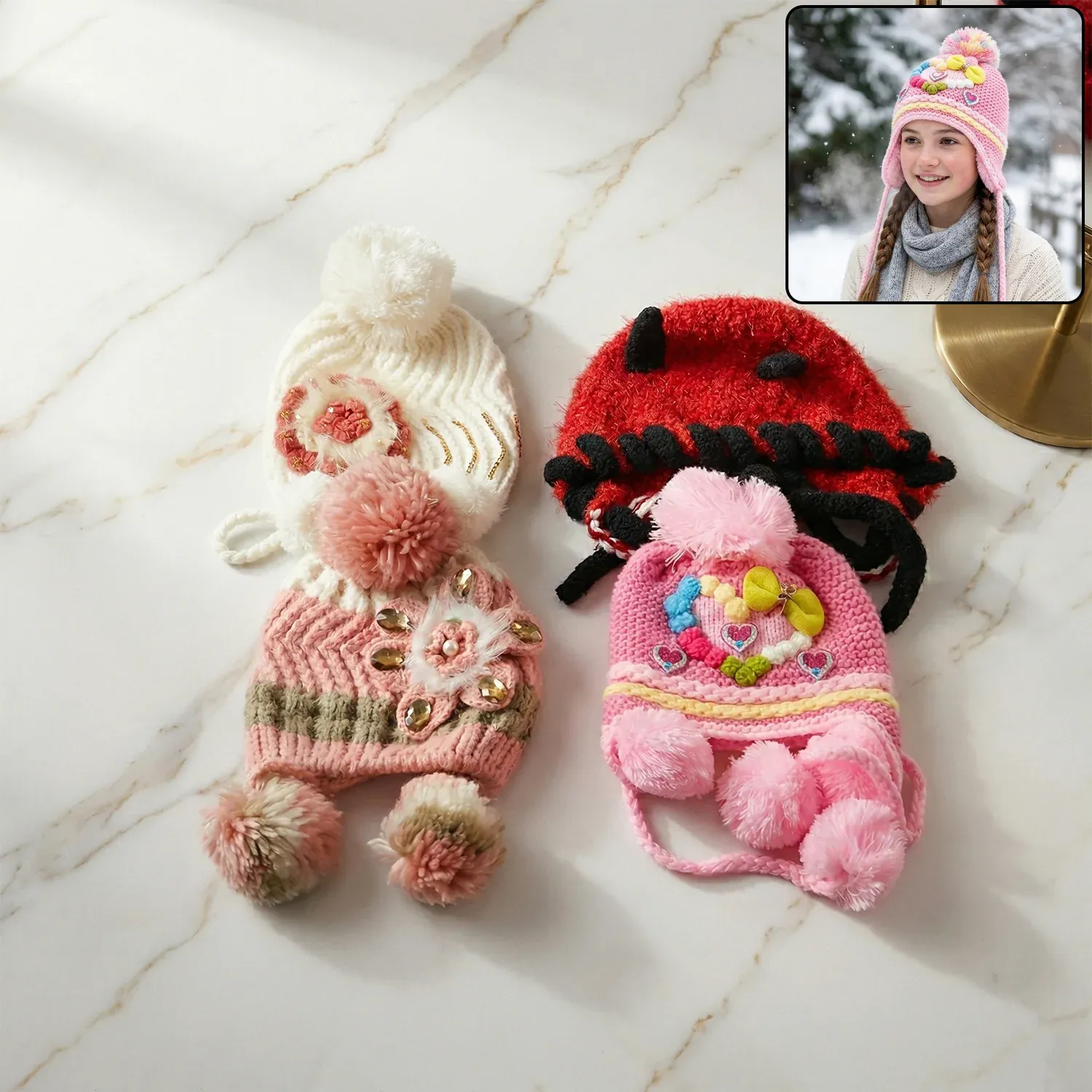 Cute Kids Winter Woolen Ear Flap Cap with Pom Pom (1 Pc, Mix Design) - Detailed Feature View 2