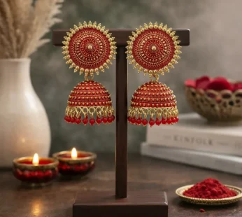 TRADITIONAL ELEGANT OXIDISED JHUMKA EARINGS IN RED COLOUR