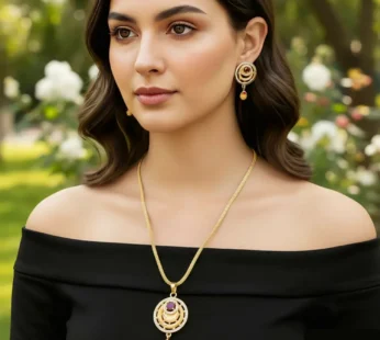 Gold-Tone Fashion Pendant Necklace Set with Ruby Accents and Matching Stud Earrings