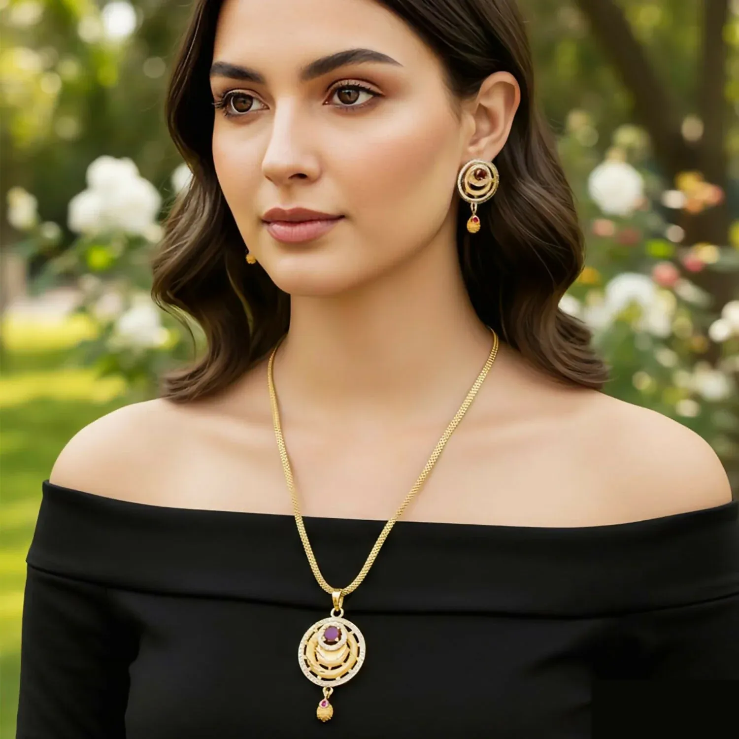 Premium Gold-Tone Fashion Pendant Necklace Set with Ruby Accents and Matching Stud Earrings - Buy Online at Alikart