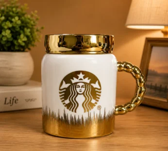 Luxury Ceramic Coffee Mug – Elegant Gold Handle & Lid for Hot Beverages