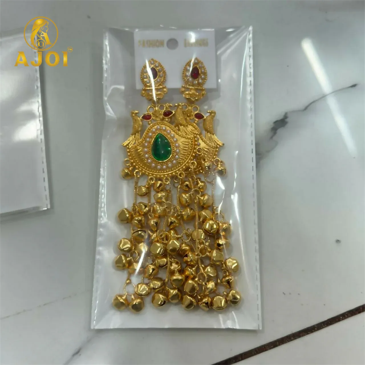 Traditional Kashmiri Gold-Plated Jhumka Earrings with Green Stone & Ghungroo Drops - Detailed Feature View 4