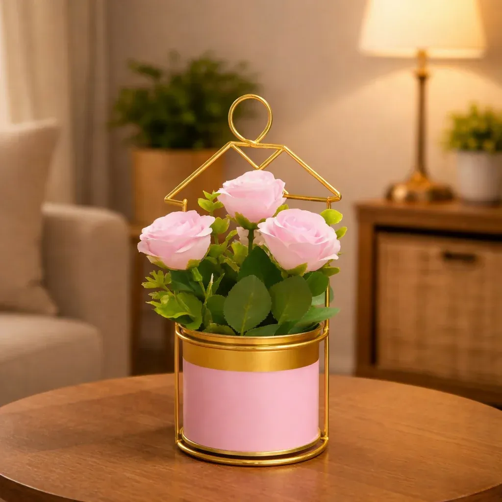 Premium Gold Geometric Tabletop Planter with Decorative Pot - Buy Online at Alikart
