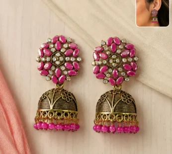 Antique Gold Jhumka Earrings with Pink Stone Floral Top