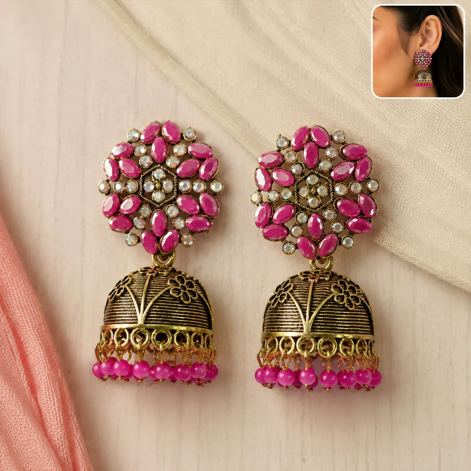 Premium Antique Gold Jhumka Earrings with Pink Stone Floral Top - Buy Online at Alikart