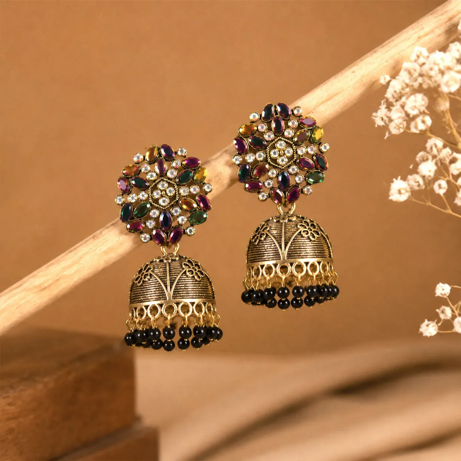 Antique Golden Jhumka Earrings with Black Stone Floral Top - Detailed Feature View 1