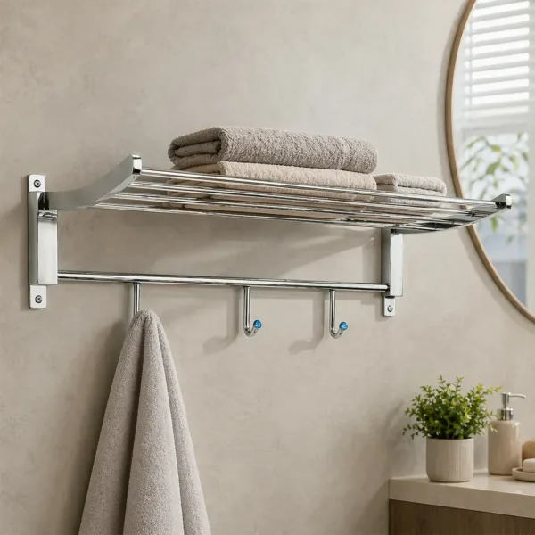 Wall Mounted Bathroom Towel Rack with Storage Shelf & Hooks