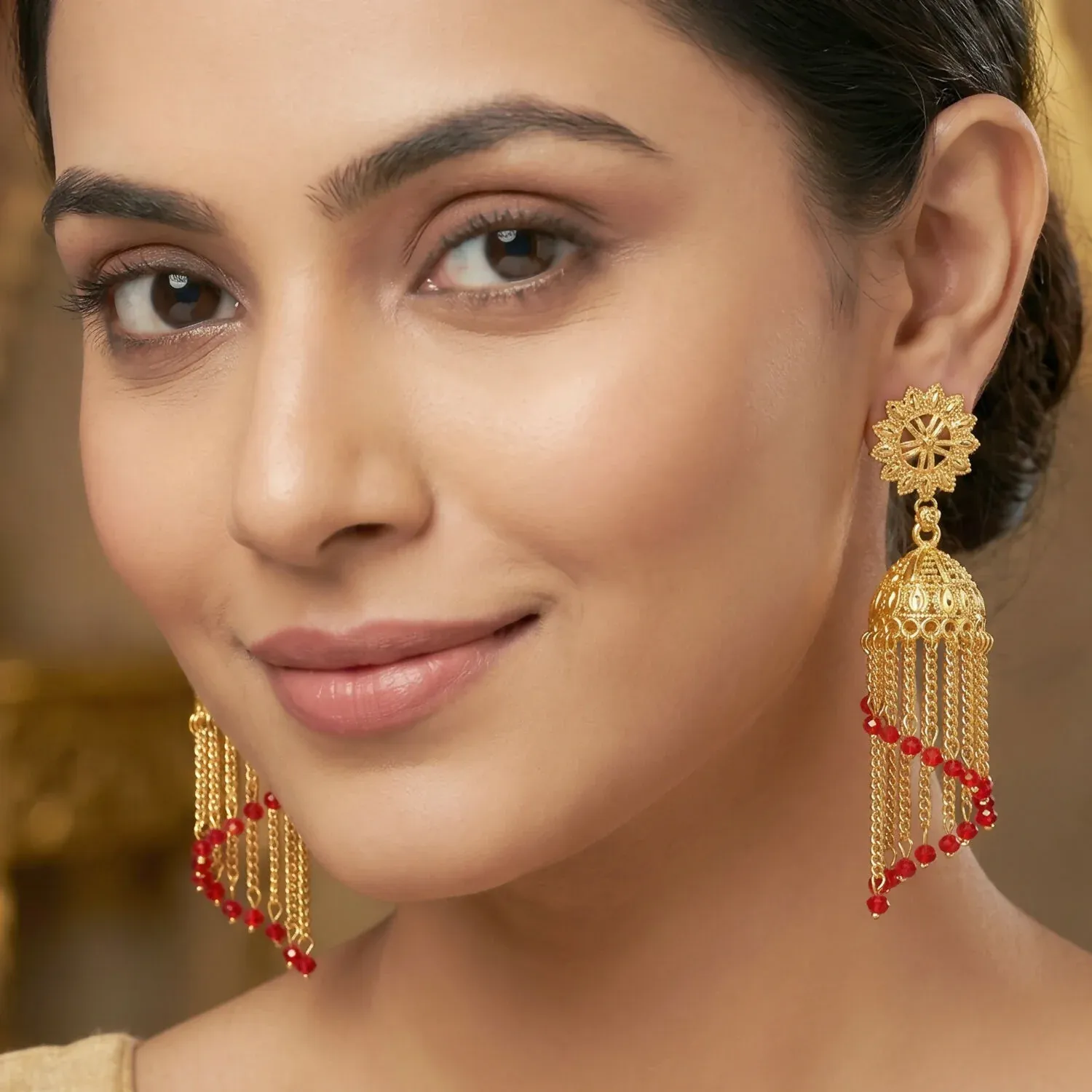 Vintage Gold-Plated Jhumka Earrings with Pearl Accents - Detailed Feature View 4