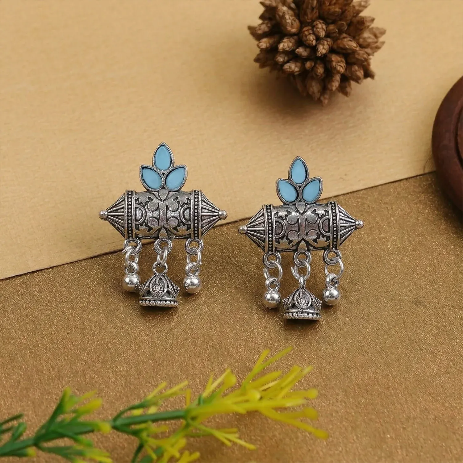 Oxidized Silver-Plated Sky Blue Leaf & Dhol Earrings with Mini Jhumka - Detailed Feature View 2