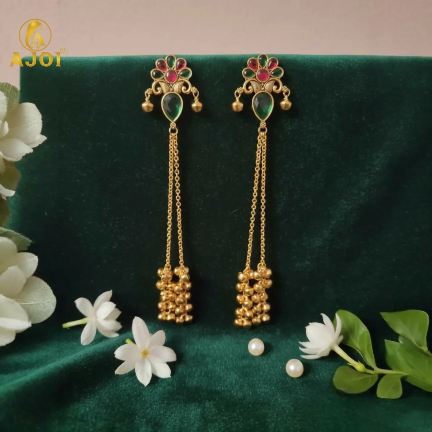 Kashmiri Gold Plated Floral Long Latkan Earrings for Women - Detailed Feature View 2