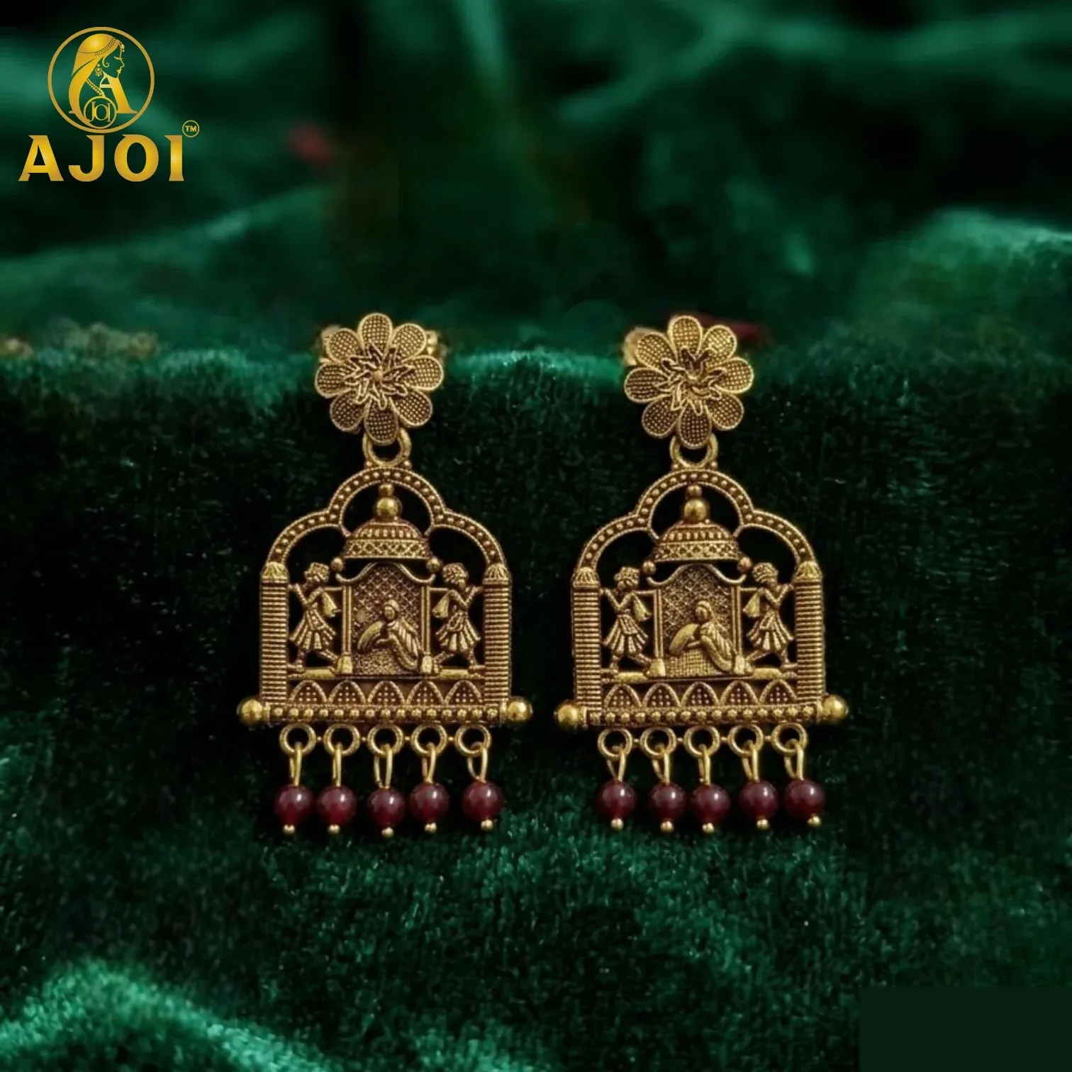 Antique Temple Doli Earrings with Maroon Pearl Drops - Detailed Feature View 3