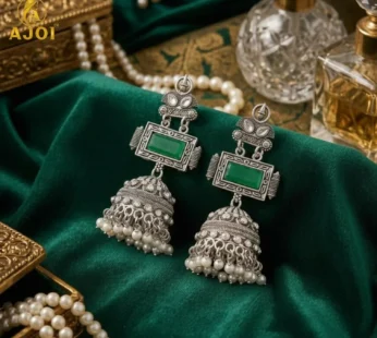 Imperial Heritage Oxidized Silver Jhumka Earrings with Deep Green Stone Earring