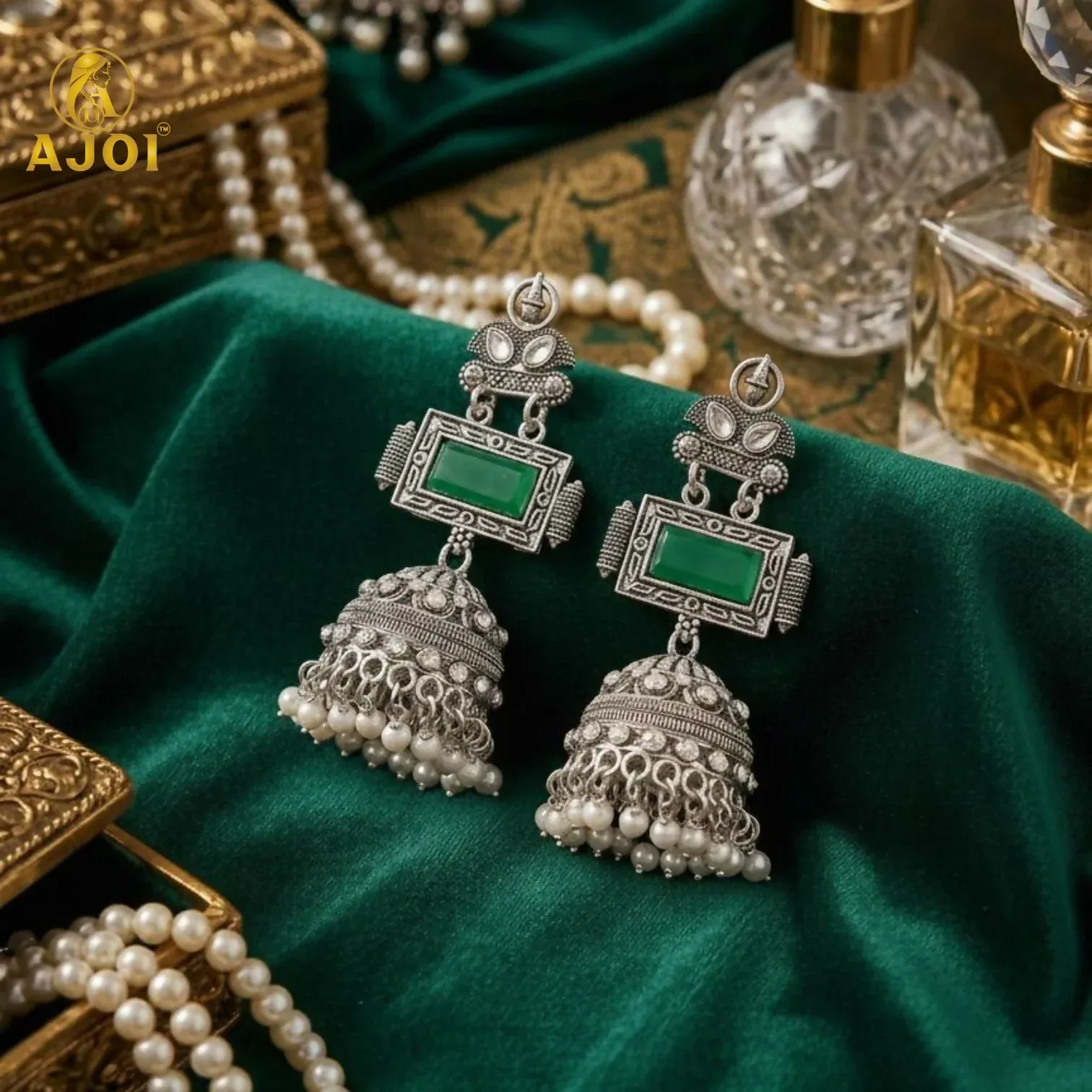 Premium Imperial Heritage Oxidized Silver Jhumka Earrings with Deep Green Stone Earring - Buy Online at Alikart