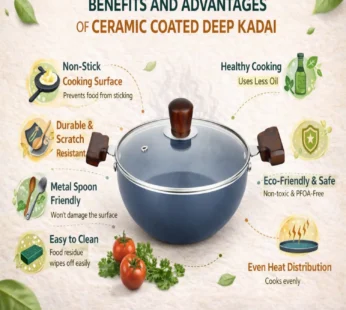 Vikas Ceramic Deep Kadai 2.5L with Glass Lid & Wooden Handles