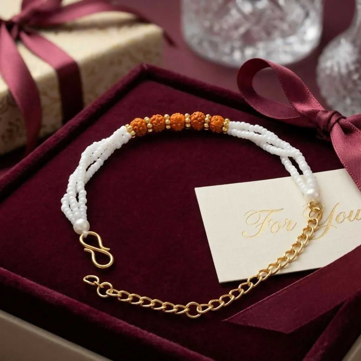 Natural Rudraksha Beads Bracelet with White Pearl & Gold Accents - Detailed Feature View 2