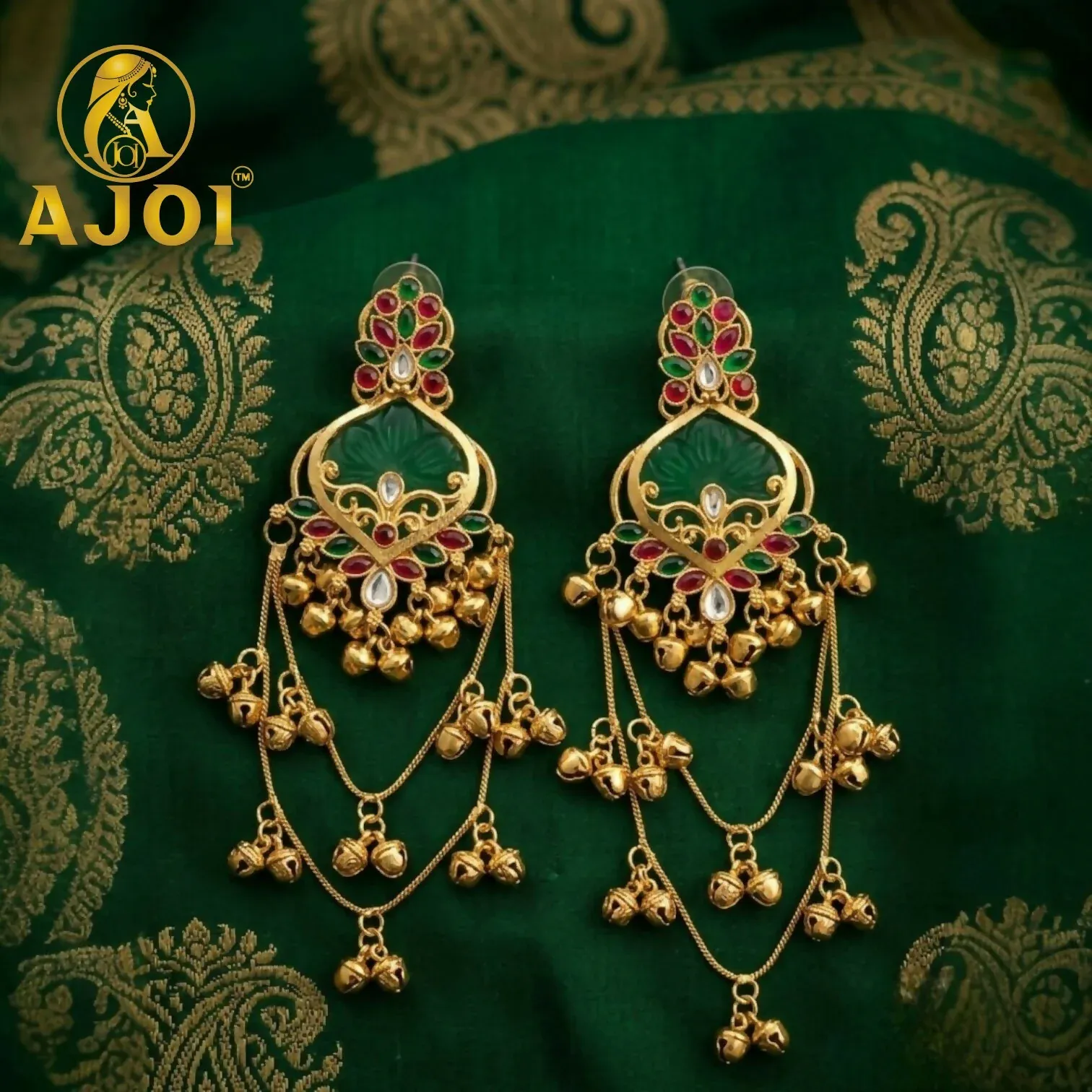 Royal Green Ruby Chandbali Earrings for Bridal & Festive Wear - Detailed Feature View 2