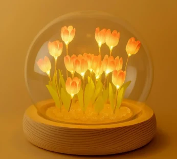 LED Peach Orange Tulip Flower Light Dome with Glass Cover and Wooden Base