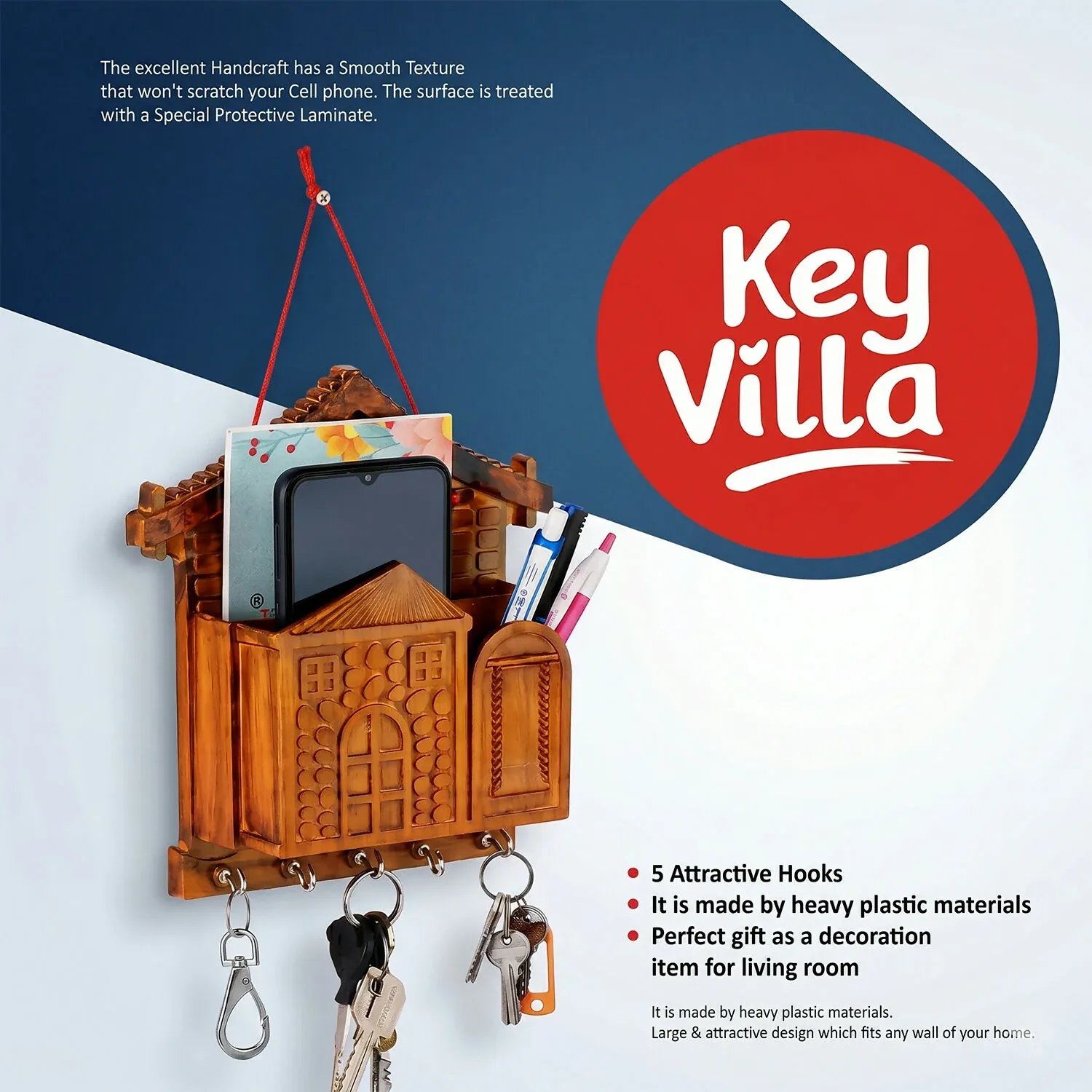 Key Holder with Key Villa – Rustic Wooden Organizer with Hooks - Detailed Feature View 3