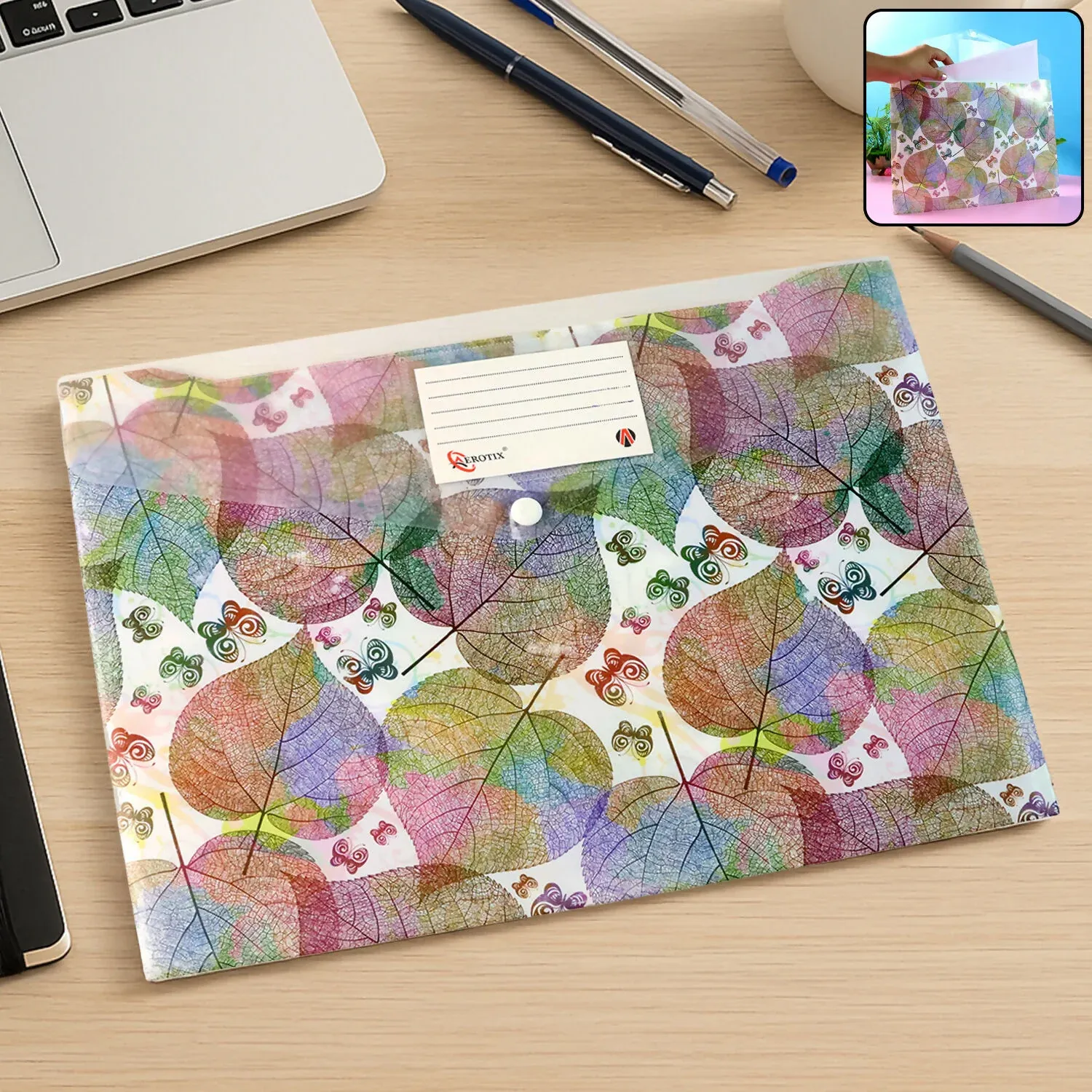 Premium Printed A4 Document Folder – Leaf Design with Button Closure & Label Slot (1 Pc) - Buy Online at Alikart