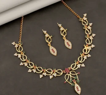 Gold-Toned Floral Necklace & Drop Earrings Set with Black Stones