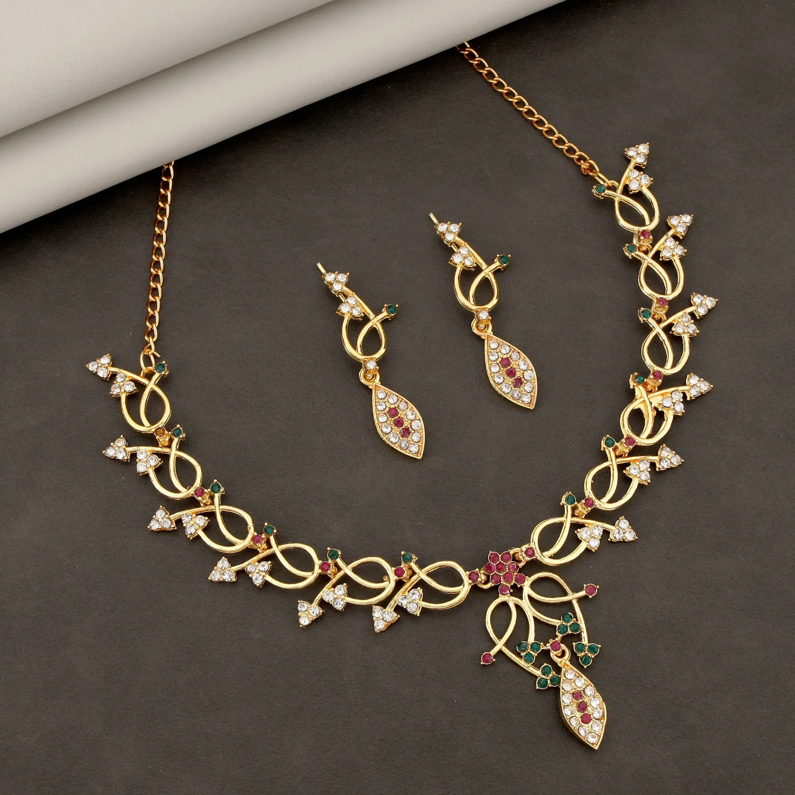 Premium Gold-Toned Floral Necklace & Drop Earrings Set with Black Stones - Buy Online at Alikart
