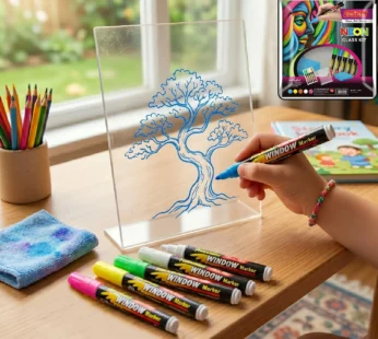 Officemate Neon Glass Window Marker Acrylic Art Drawing Kit with 5 Fluorescent Markers & Cleaning Cloth
