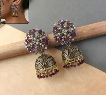 Antique Golden Jhumka Earrings with Purple Floral Stud