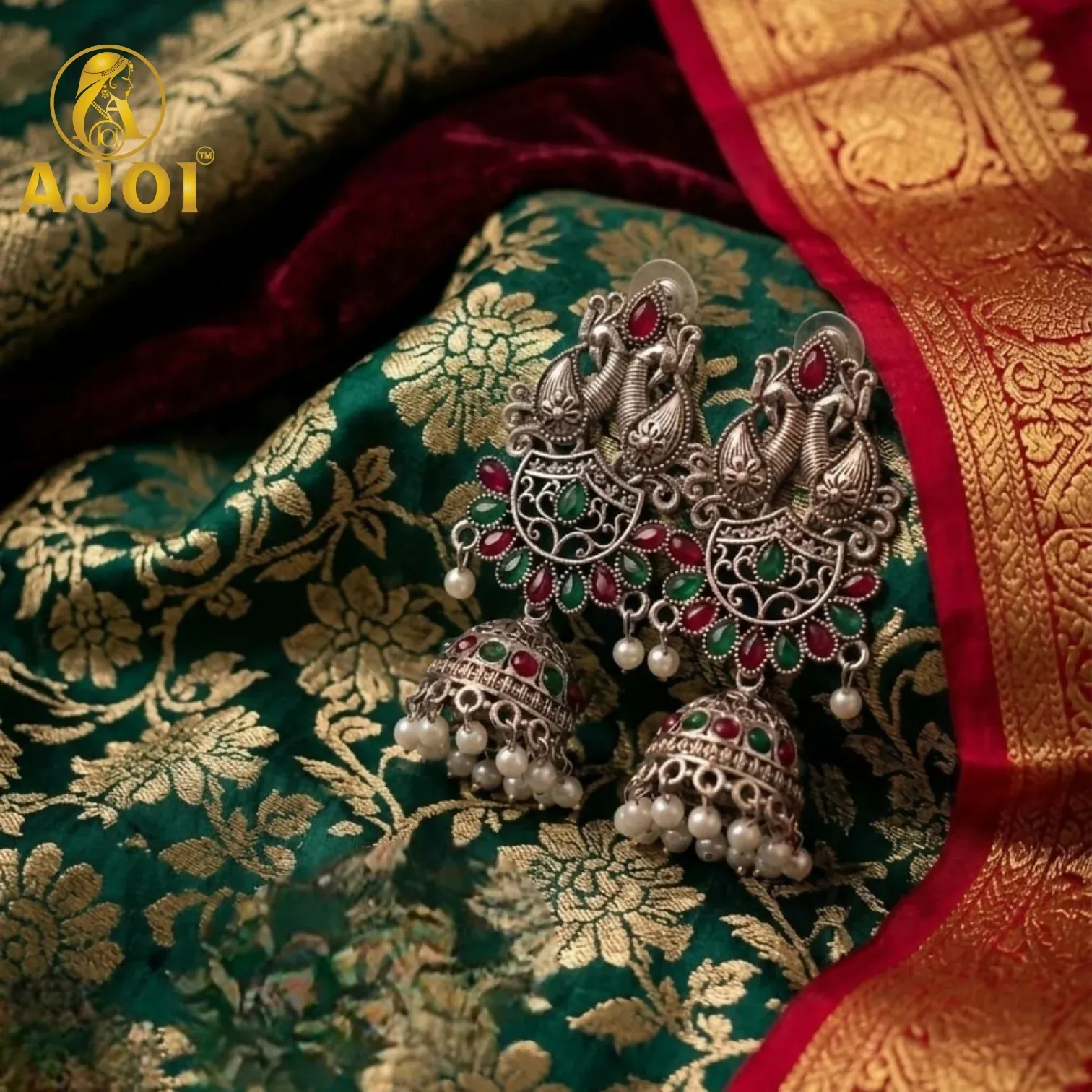 Oxidized Silver Peacock Jhumka Earrings with Ruby Green Stones & Pearls - Detailed Feature View 3