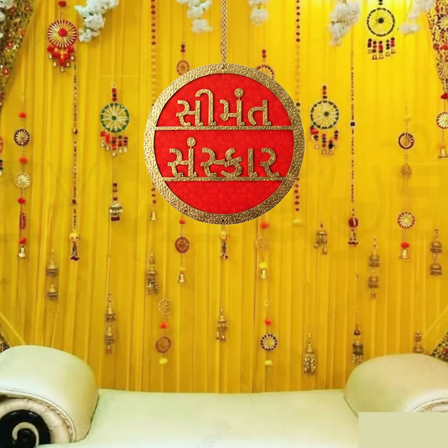 Simant Sanskar Wall Hanging | Red & Gold Gujarati Baby Shower Decor - Detailed Feature View 1