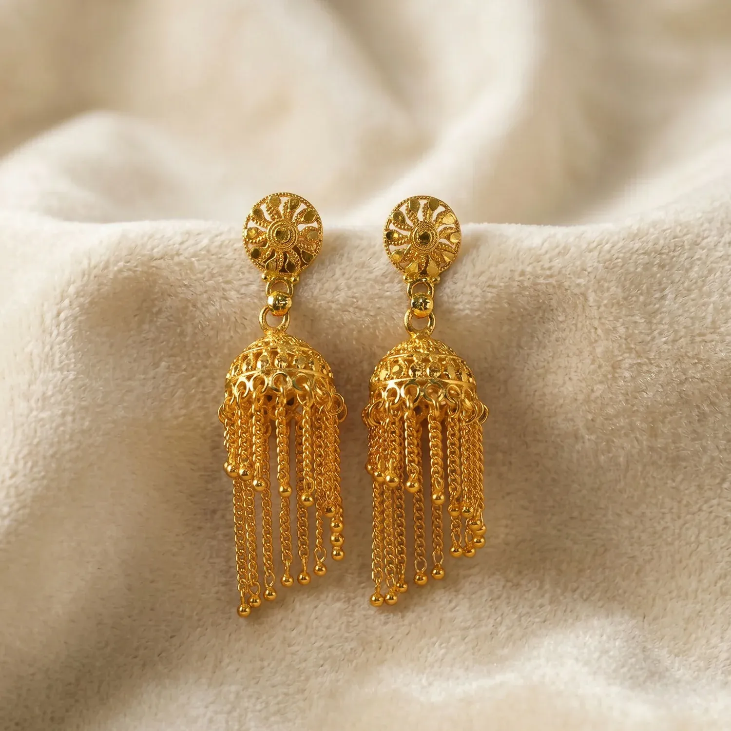 Golden Chain Tassel Jhumka Earrings - Stylish Party Jewellery for Women - Detailed Feature View 4