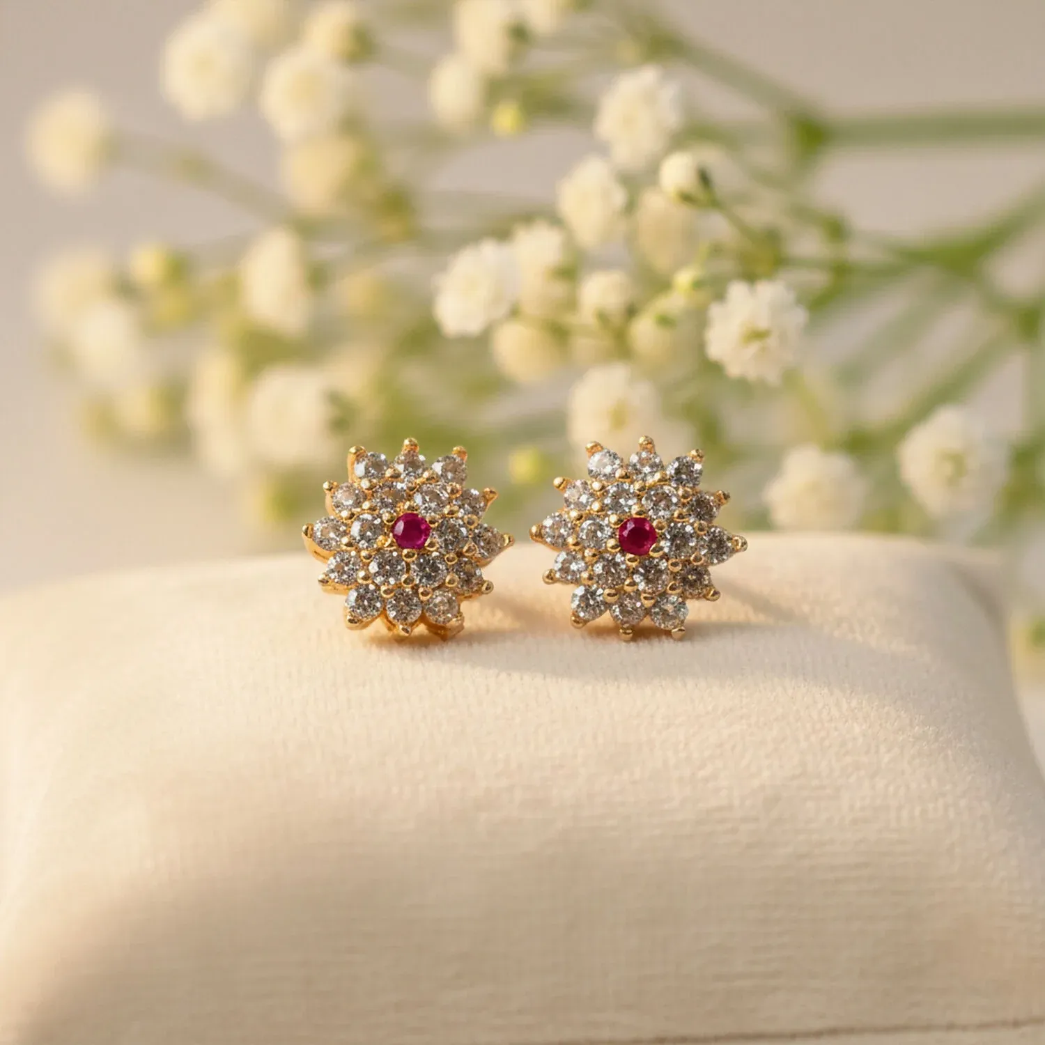 Premium Floral CZ Stud Earrings with Center Stone for Daily & Party Wear - Buy Online at Alikart
