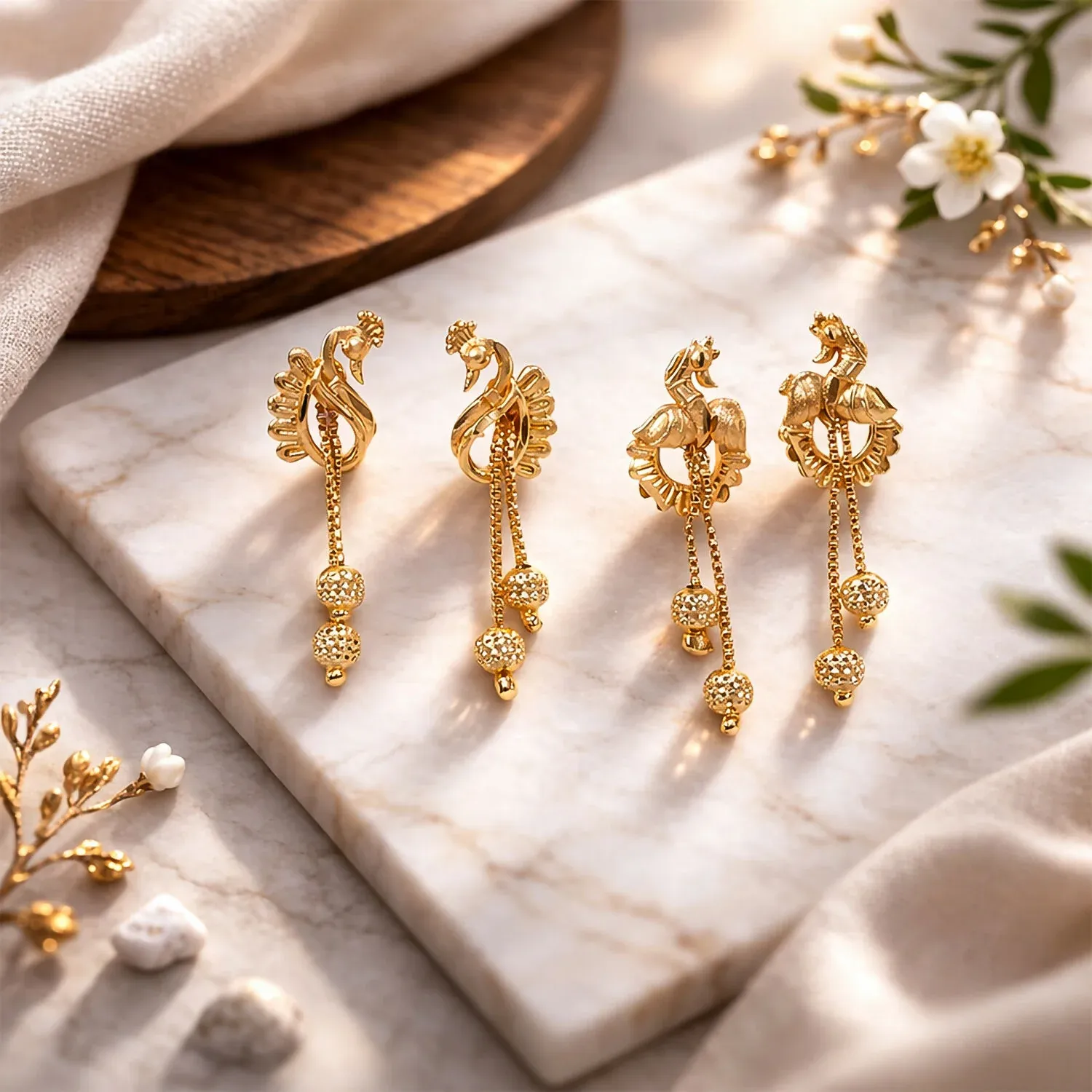 Classic Peacock Gold-Plated Dangling Earrings for Festive Wear (2 Pair) - Detailed Feature View 1