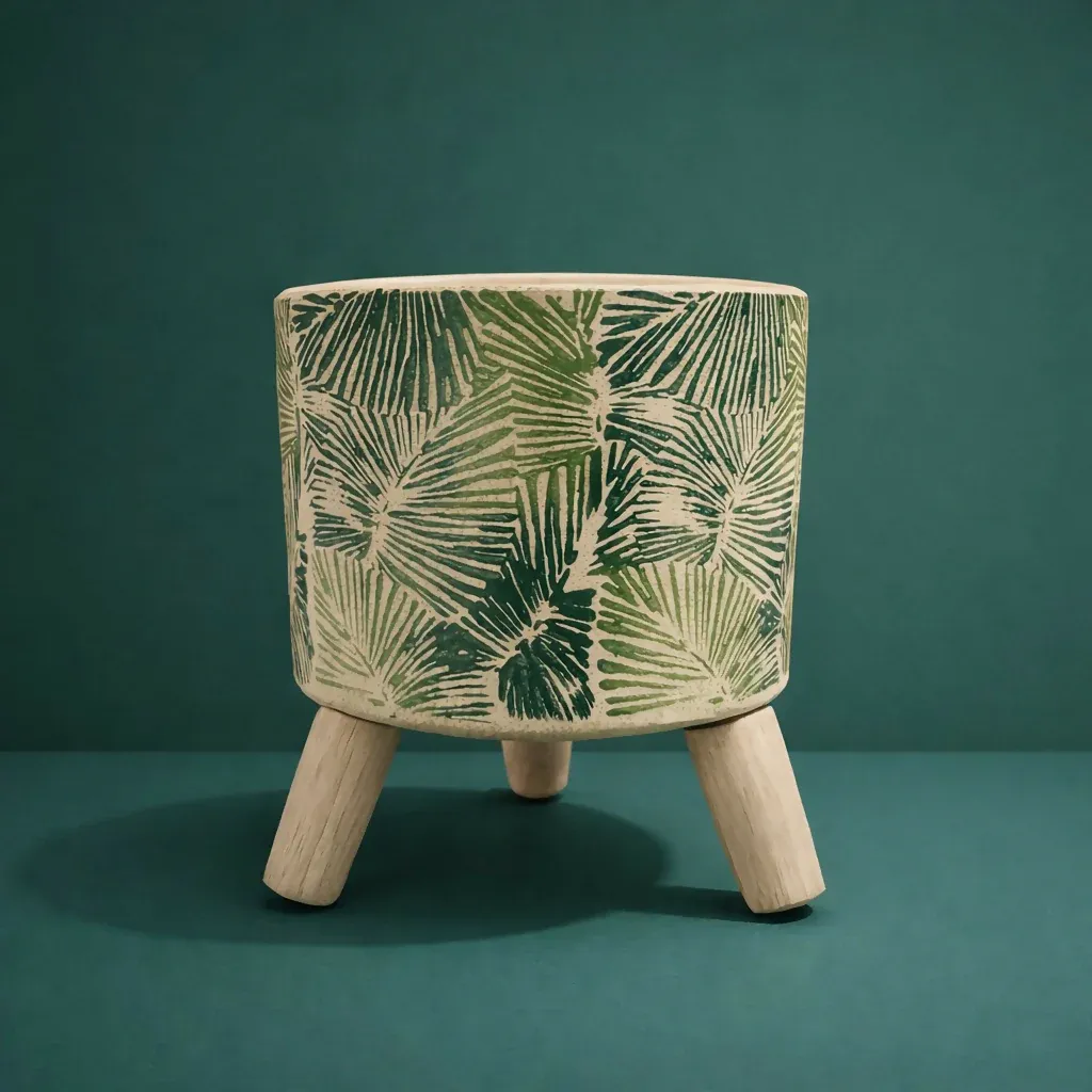 Ceramic Planter Pot with Wooden Stand Decorative Plant Holder - Detailed Feature View 1