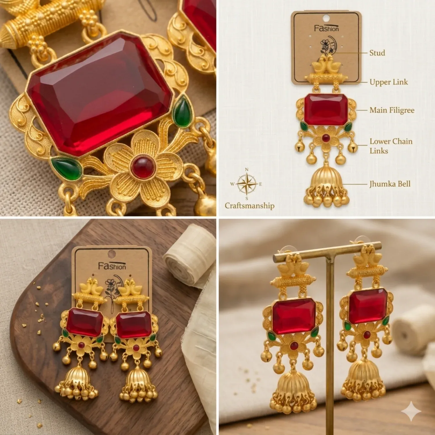 Royal Kashmiri Gold Peacock Jhumka Earrings with Ruby Red Stone & Floral Detailing - Detailed Feature View 1