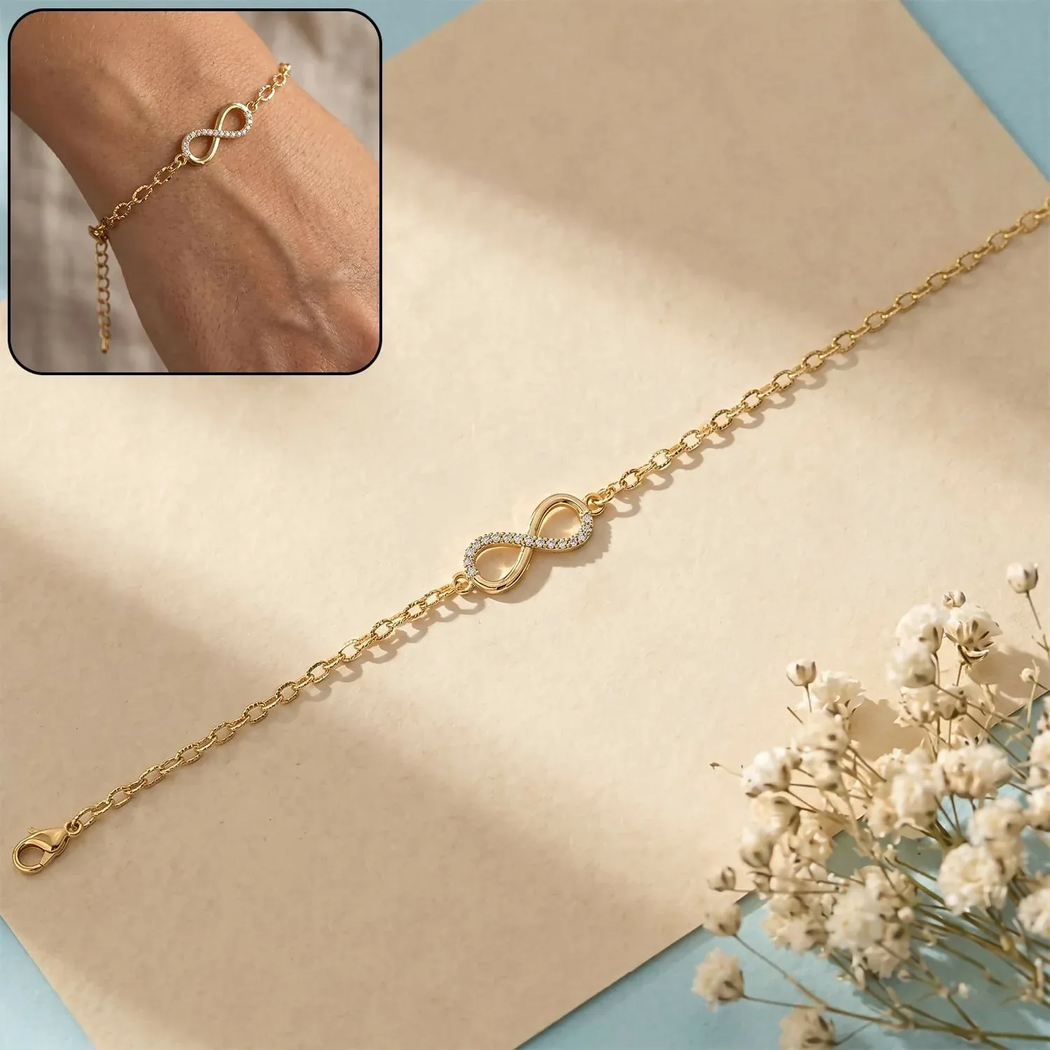 Elegant Gold Infinity Bracelet with Heart Charm - Adjustable Chain - Detailed Feature View 4