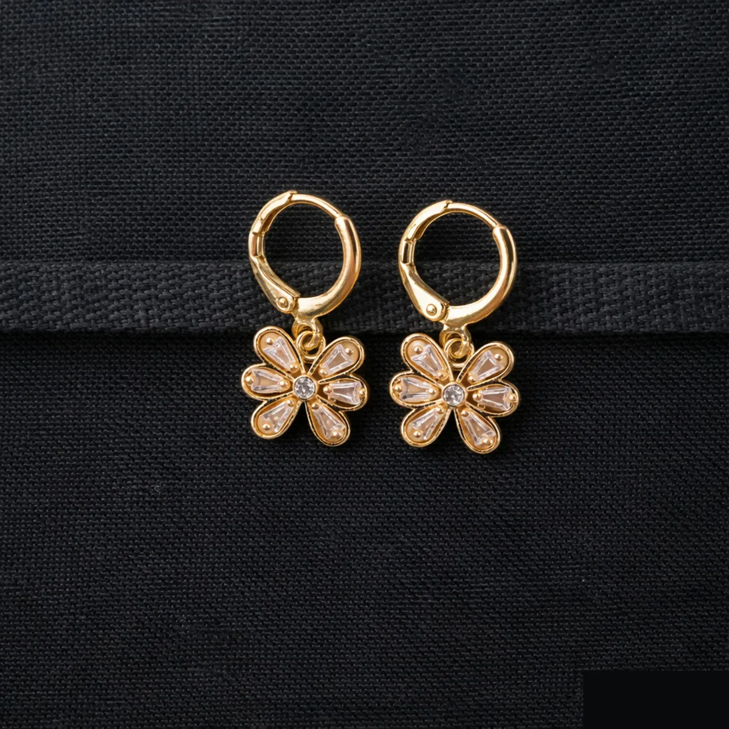 Gold-Tone Floral Crystal Drop Hoop Earrings for Women - Detailed Feature View 1