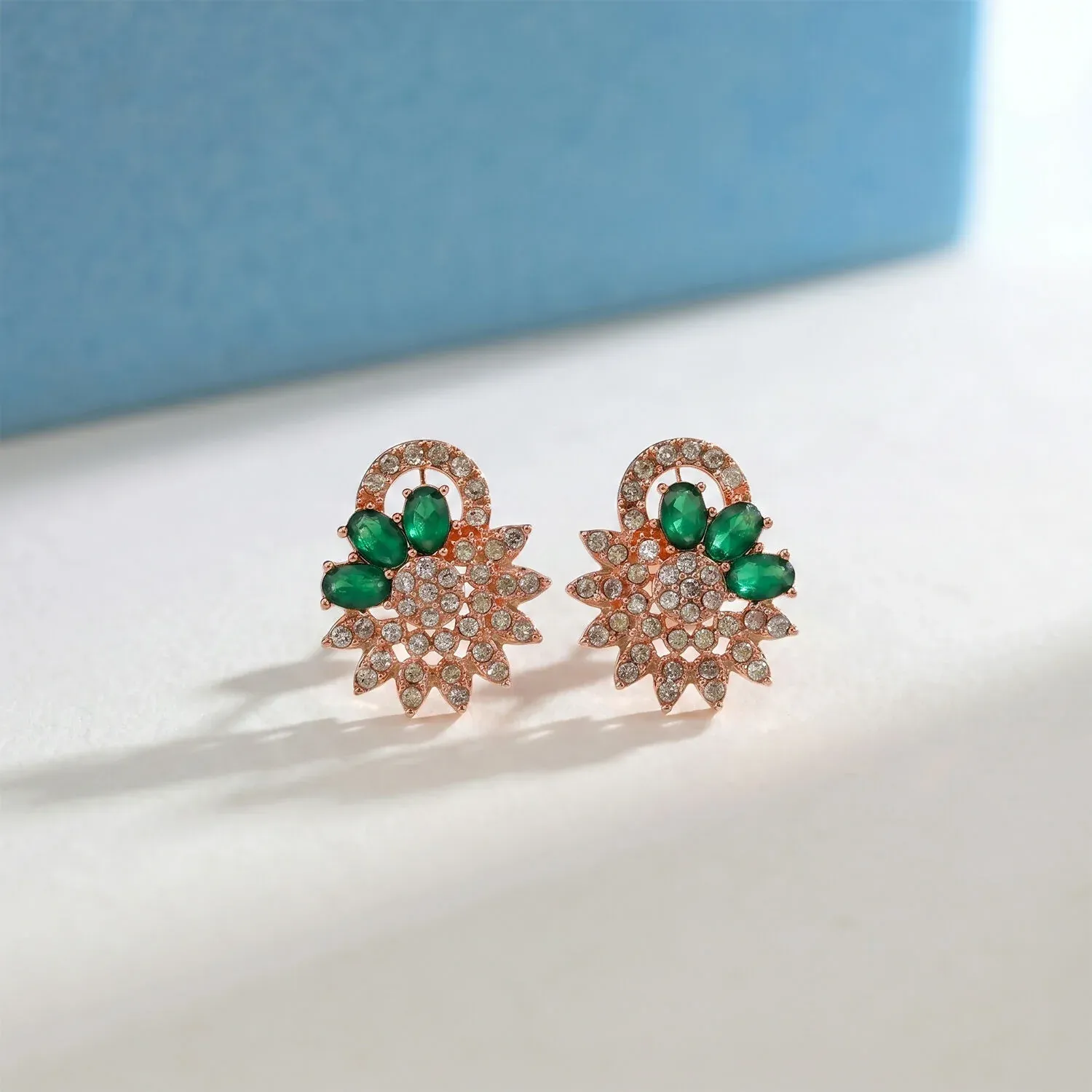Rose Gold Floral Necklace & Earrings Set with Green Stones - Detailed Feature View 3