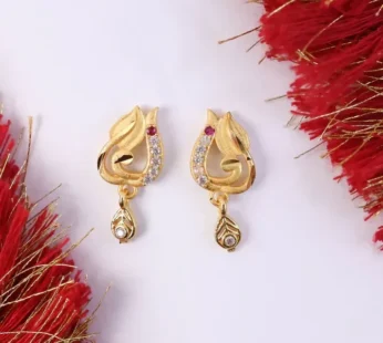 Traditional Curved Leaf Style Gold Stud Earrings With Crystal Detailing And Drop Charm